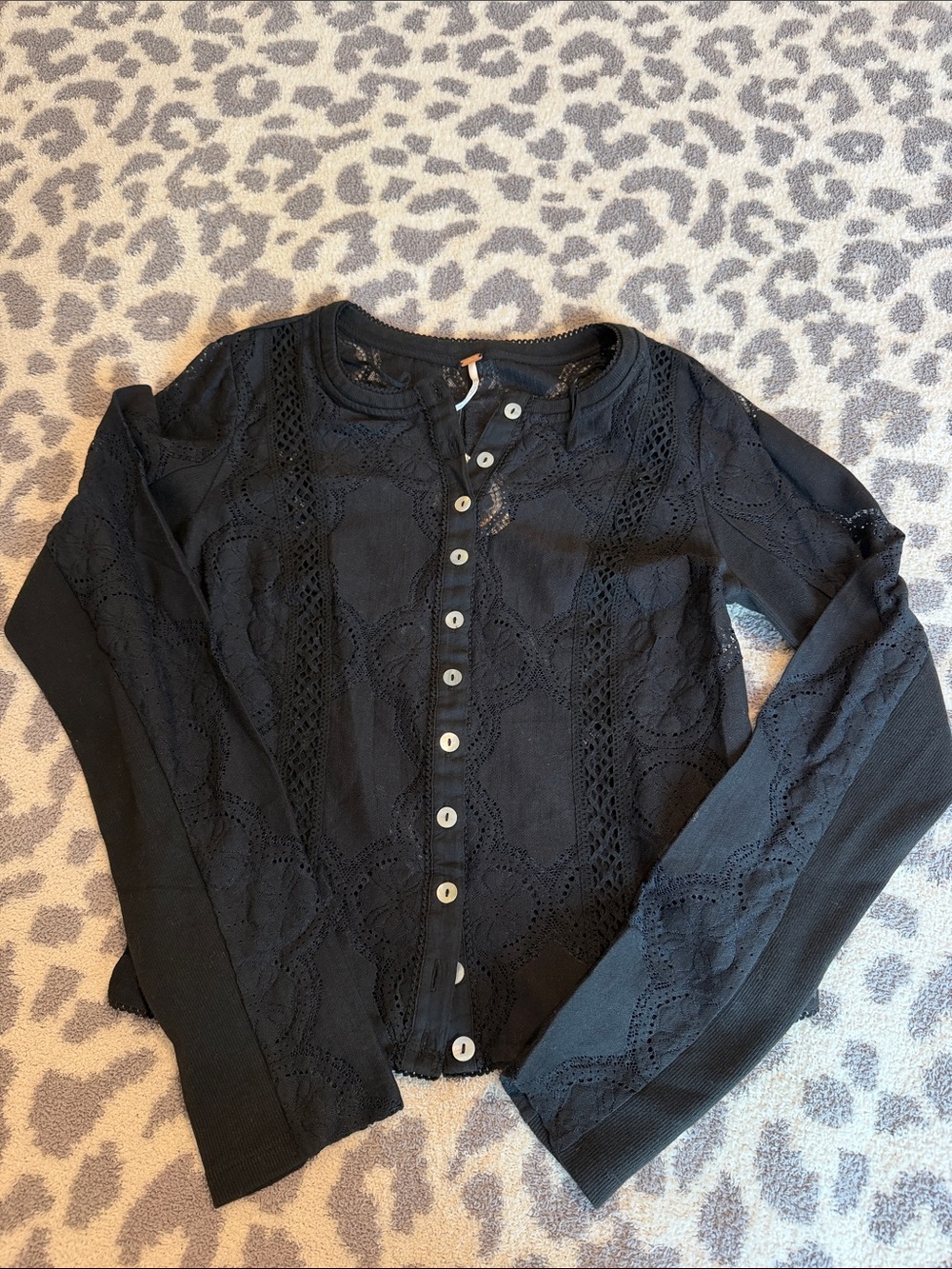 Free People Black Lace-Detail Button Down Top